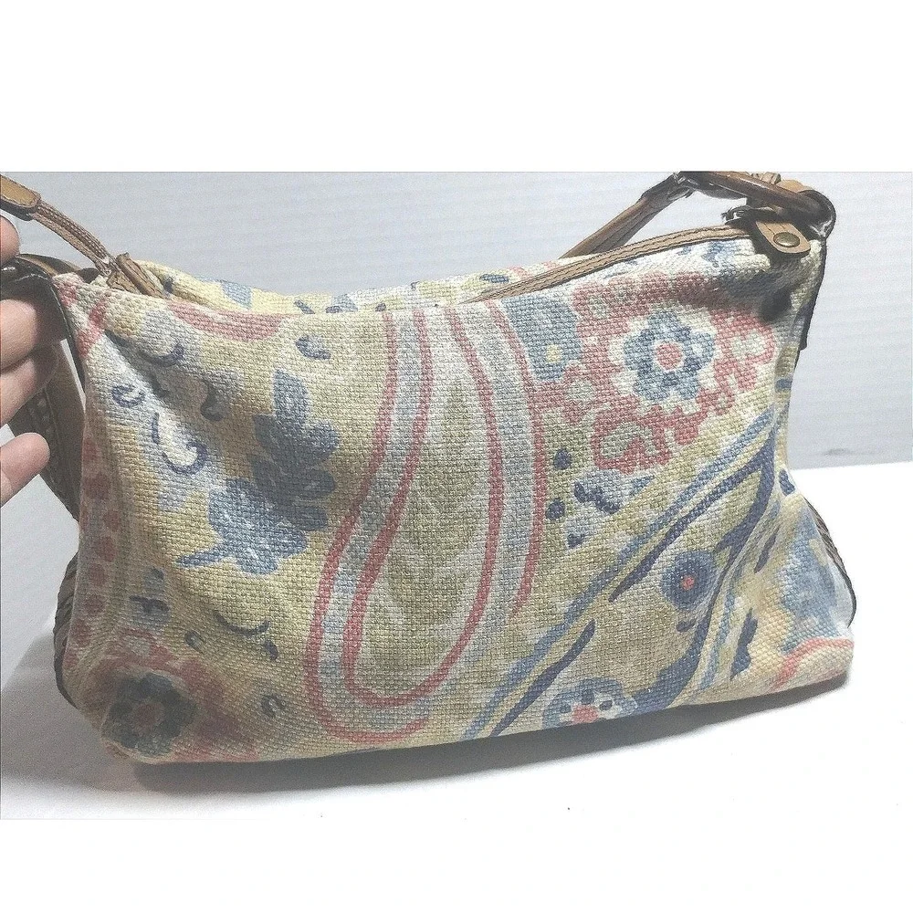 Fossil Genuine Classic 1954 Paisley Canvas Shoulder Bag Tan Leather Trim Boho